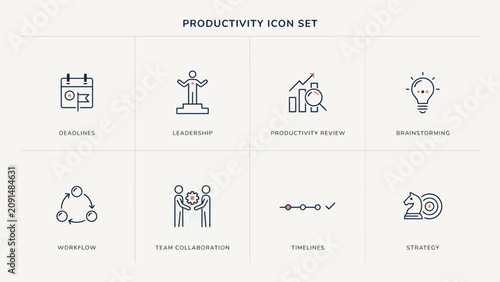 Flat line icons set for productivity and business management concepts . Vector illustration.
