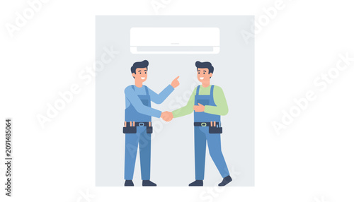 Two professional repairmen in work uniforms shaking hands after successfully completing an air conditioning system service and maintenance job.