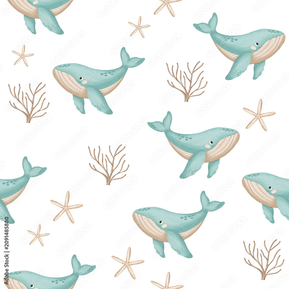 Fototapeta premium Hand drawn seamless whale nursery pattern on grainy paper