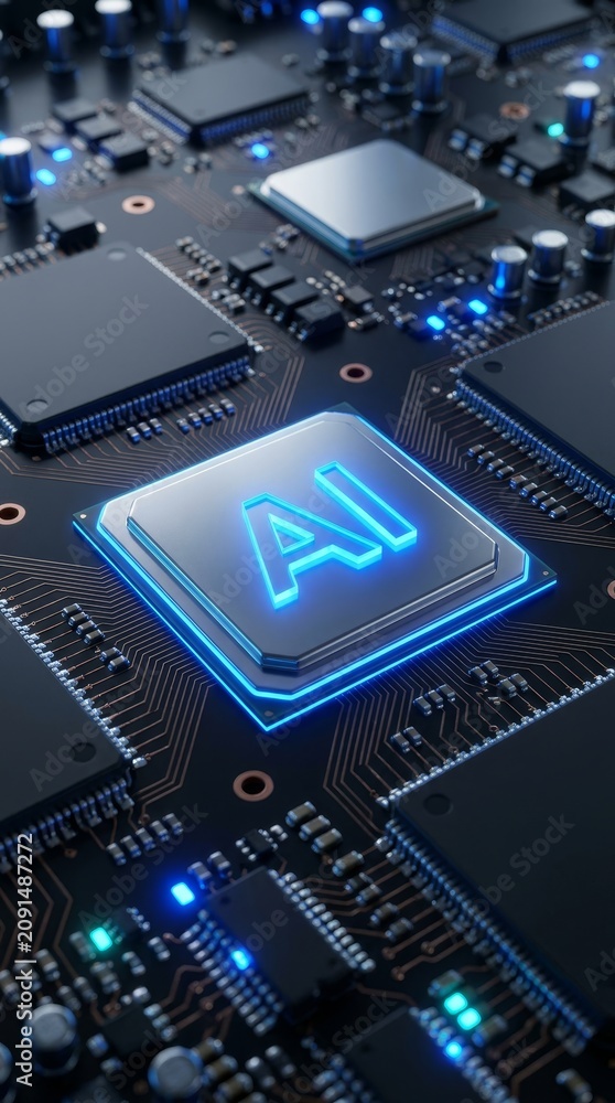 Fototapeta premium AI processor chip glowing on a circuit board, conveying tech innovation.