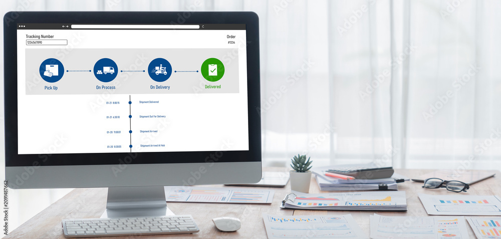 Fototapeta premium Delivery tracking system for e-commerce and brisk online business to timely goods transportation and delivery
