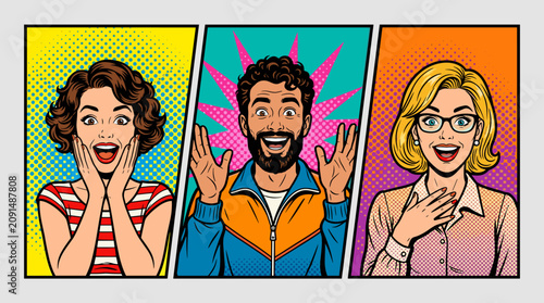 Tableau sur toile Pop Art Trio of Astonishment: Three people, depicted in a vibrant pop art style, express sheer amazement and excitement with wide eyes and open mouths