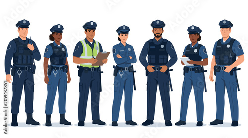 Obraz na plátně Police Officers in Uniform: A diverse group of police officers, men and women of various ethnicities, stand confidently in their official uniforms