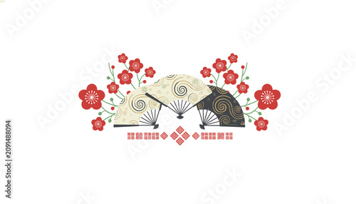 Elegant oriental folding fans featuring intricate swirl patterns flanked by blossoming red plum branches on a clean white surface.
