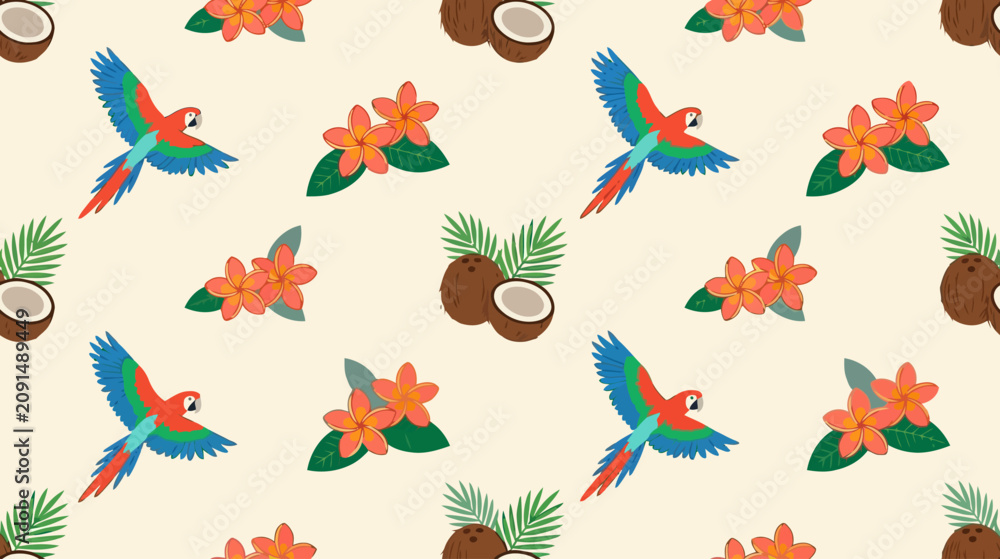 Fototapeta premium Vibrant tropical-themed pattern featuring colorful parrots, blooming flowers, coconuts, and tropical leaves in a lively seamless