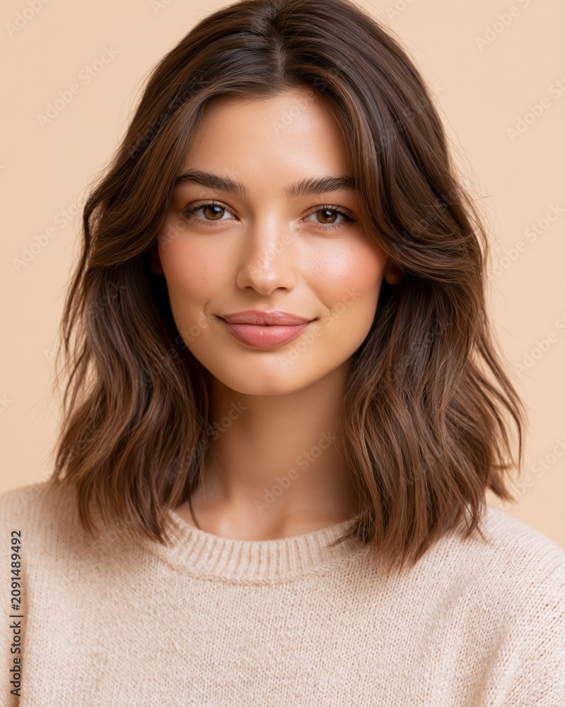 Fototapeta premium Young professional woman looking confidently at camera with a soft smile against a beige background creating a warm atmosphere Generative AI