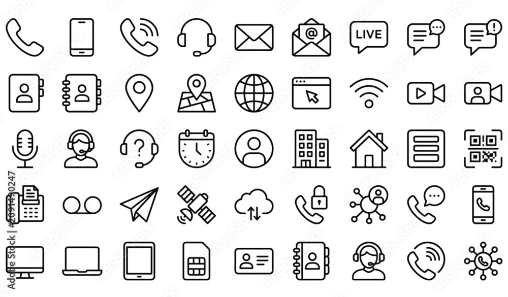 Fototapeta premium Modern Contact and Communication Linear Icon Collection – 45 Editable Stroke Web Vector Icons EPS 10