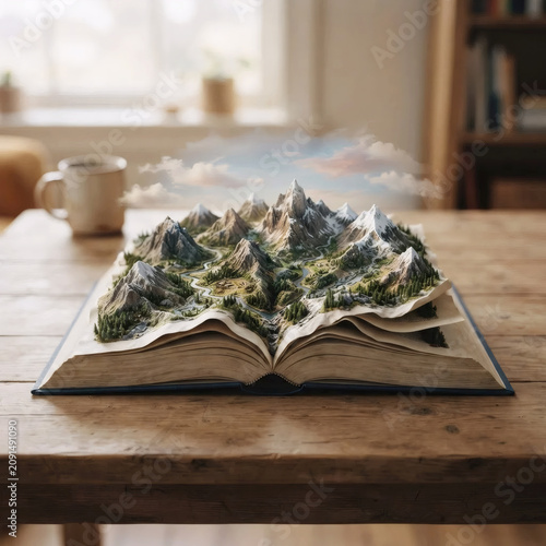Miniature Mountain Landscape Emerging from a Book