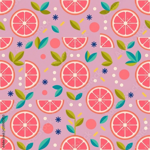 Seamless Pattern of Grapefruit Slices, Leaves, and Geometric Elements on a Pastel Purple Background, Summer Themed Textile Surface Design
