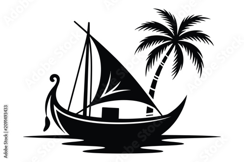 Slika na platnu Silhouette illustration of a traditional dhow sailing boat near a tropical palm