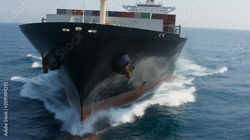 Large container ship sailing across open ocean carrying cargo containers, aerial view of maritime freight, global shipping and logistics transport