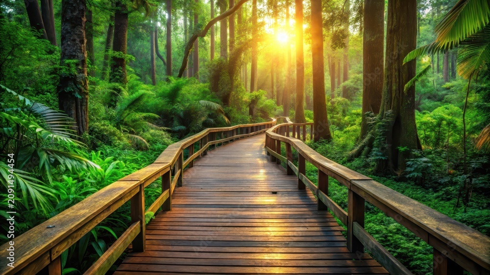 Fototapeta premium Tranquil wooden boardwalk through lush forest