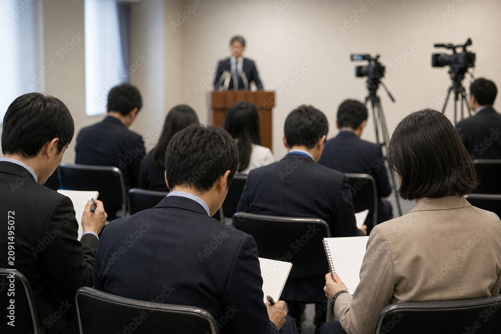 Obraz premium 記者席から見た会見場の質疑応答