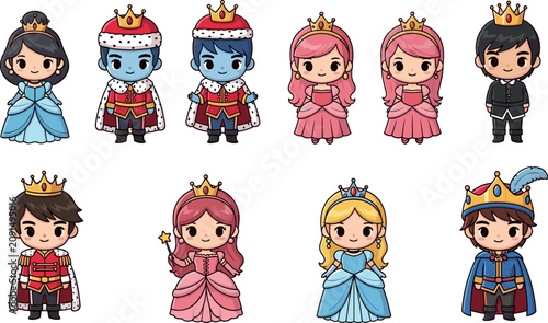 Quadro su tela Cute royal characters vector illustration set with king queen prince and princes