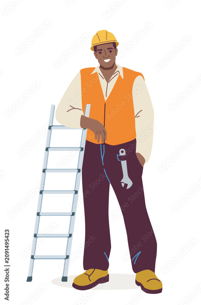 Obraz premium Male construction worker wearing a hard hat and safety vest, standing beside a ladder with tools on white background. Vector illustration