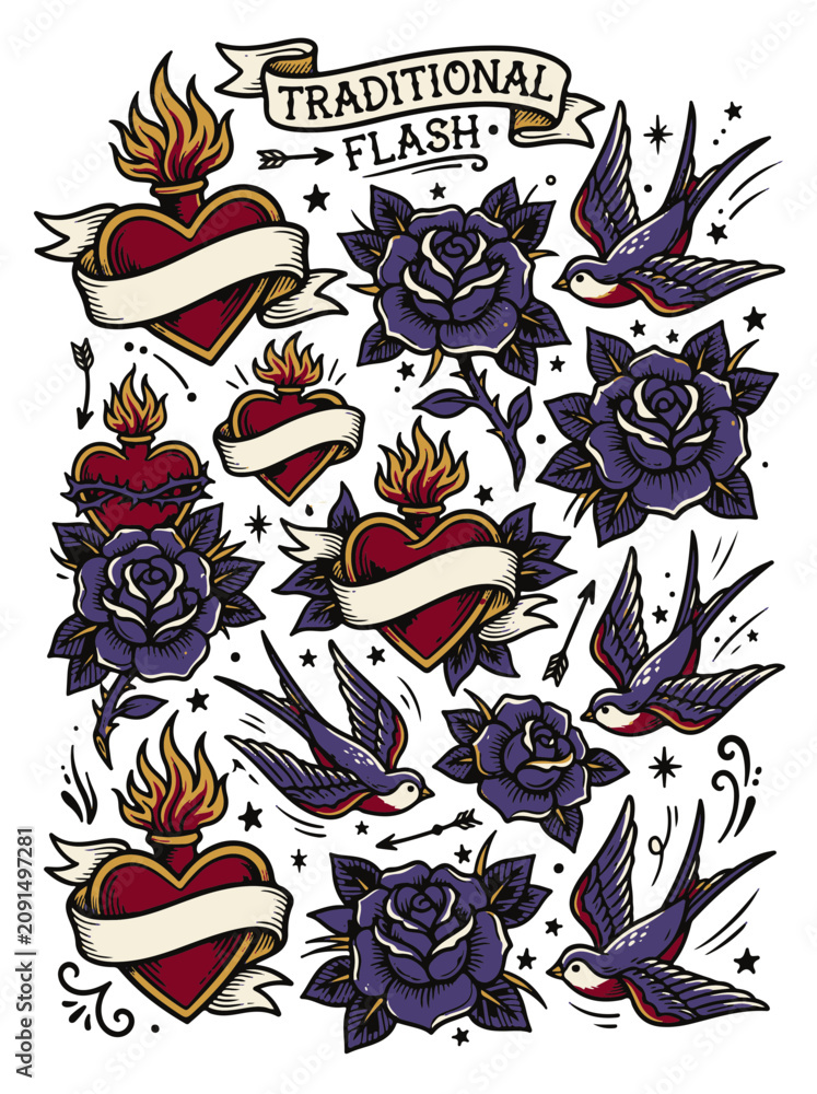 Obraz premium Nautical Traditional Tattoo Flash Art with Hearts Roses and Swallows Design Elements
