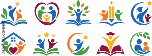 Obraz na plátně Collection of ten colorful vector logos featuring students, families, open books, stars, graduation caps, leaves, hearts, pencils, and learning symbols