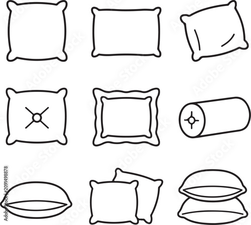 A collection of various pillow shapes and styles are presented as simple line art icons.