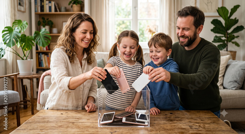 Happy diverse family putting smartphones in lockbox for digital detox.