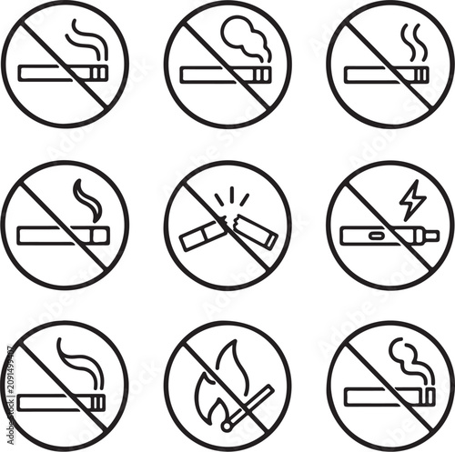 A collection of black and white line art icons depicting various no smoking and.