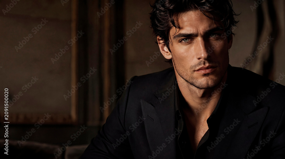 Fototapeta premium A sophisticated and moody editorial portrait of a handsome, confident young man with dark hair and blue eyes, wearing a black tailored suit and an unbuttoned shirt. Shot in a high-fashion, medium-form
