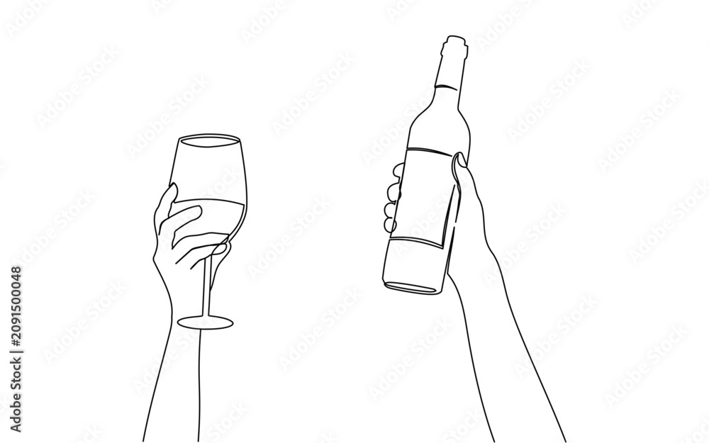 Fototapeta premium Continuous one line drawing of hand holding wine glass and bottle. Champagne toast and cheers in simple linear style. Alcohol and cocktail drink menu in editable stroke. Doodle vector illustration