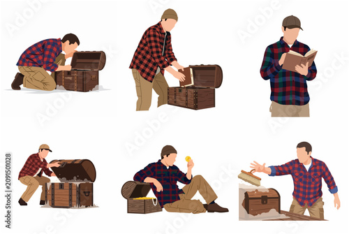 Fotografía Vector illustration set of a man finding a vintage treasure chest, reading an old book, and discovering gold coins in flat design style