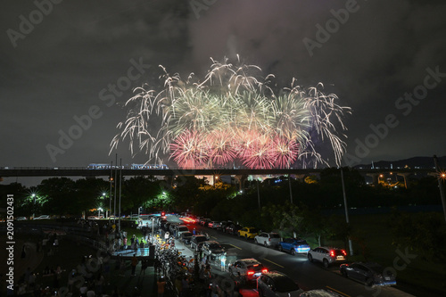 Fireworks With The Sanying MRT Line On The Grand Opening Festival, Yingge, Sanxia, New Taipei, Taiwan