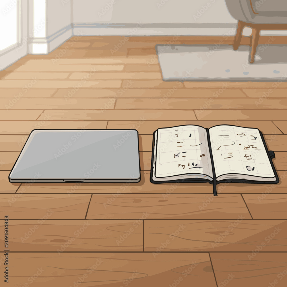 Fototapeta premium Planner and flat vector on wooden floor in a bright room during day time showing work setup