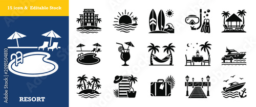 Photos Resort and beach holiday icon set including swimming pools, surfboards, and yachts