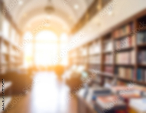 Library interior blurring with bright sunlight through window