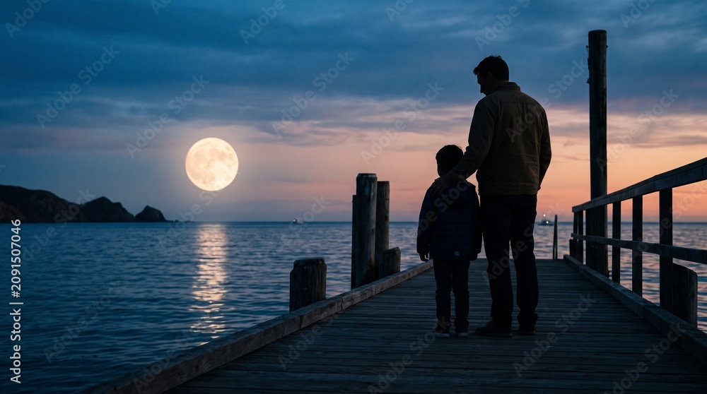 Fototapeta premium Father and son watching full moon rise over ocean from wooden pier at dusk