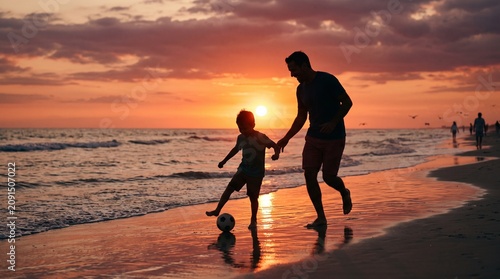 Father and son playing soccer on beach at sunset silhouette