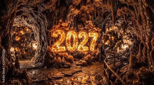 Glowing 2027 illuminated cave entrance with ancient trees and mysterious pathway leading deep into darkness