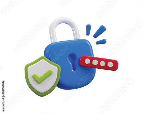 3D Password Manager Icon for Shield Protection, Padlock Security, Password Management and Cybersecurity, Data Privacy Vector Illustration