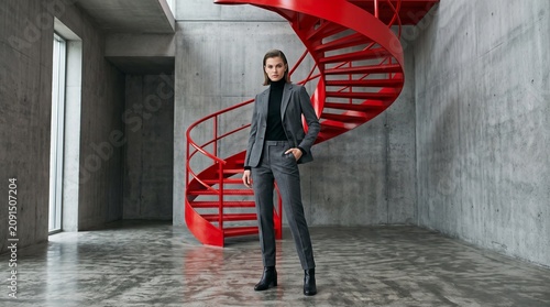Woman in Gray Suit Standing by Red Spiral Staircase in Modern Concrete Building