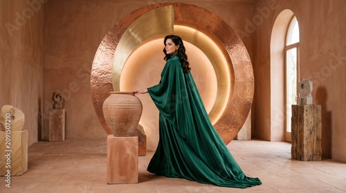 Elegant Woman in Green Gown Poses with Ancient Pottery in Modern Art Gallery