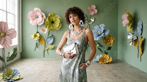 Fashionable woman in metallic dress and statement jewelry posing with giant paper flowers