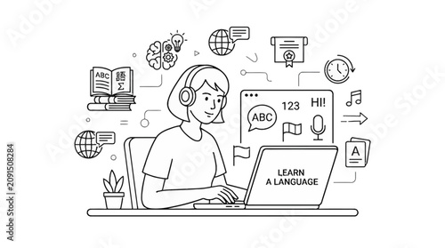 A young student wearing headphones sitting at a desk with a laptop learning a new language.