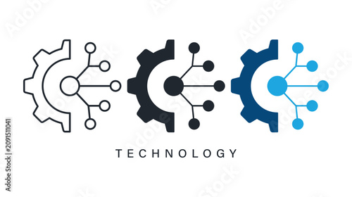 technology icon set with gear and connected network nodes sign