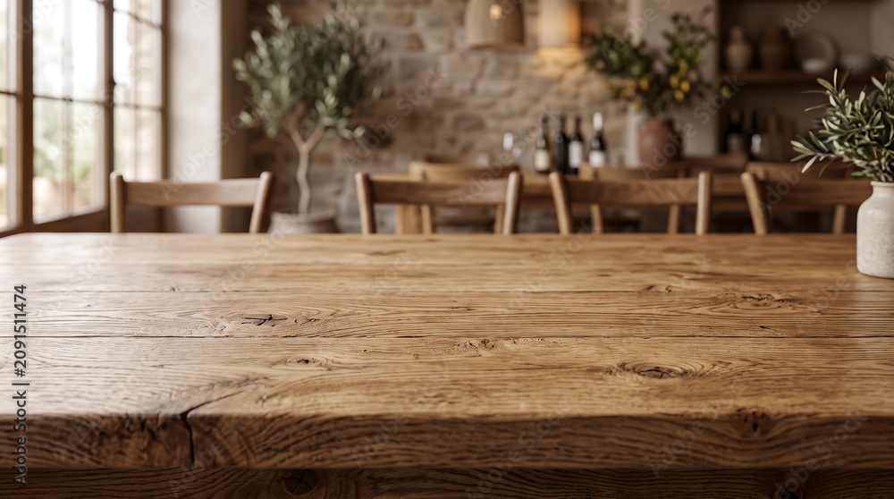 Fototapeta premium Ultra realistic rustic oak wooden tabletop background with authentic wood grain, large copy space, natural lighting, premium commercial backdrop for food, product display, advertising, branding