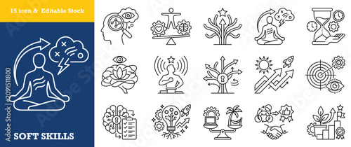 Soft skills icon set line style vector illustration, editable stock, personal development.