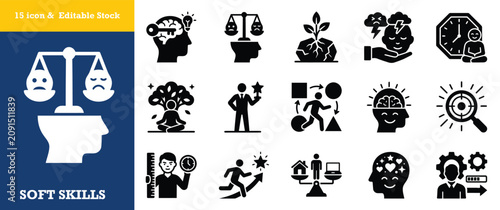 Soft skills icon set glyph style vector illustration, editable stock, personal development.