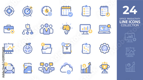 24 Office Productivity Line Icons Set – Business, Project Management, Time Management, Workflow, Analytics and Teamwork Vector Collection