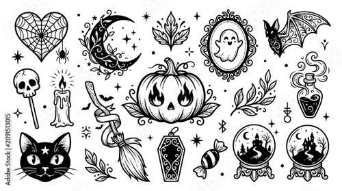 Photos Spooky halloween hand drawn doodle collection featuring whimsical magical elemen