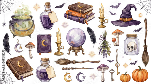 Hand drawn halloween magic set featuring witch hat cauldron potion bottles crystal ball wands mushrooms pumpkins bats books and mystical symbols in watercolor style with displays collection magical