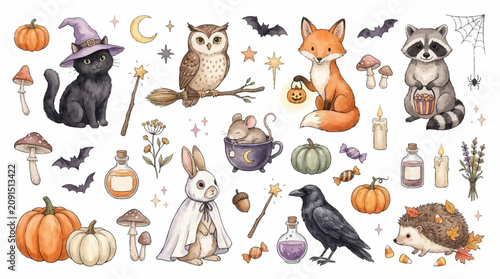 Whimsical woodland halloween collection featuring cute animals and magical elements in watercolor style for seasonal decor with magical symbols white background painted watercolor illustrations fall