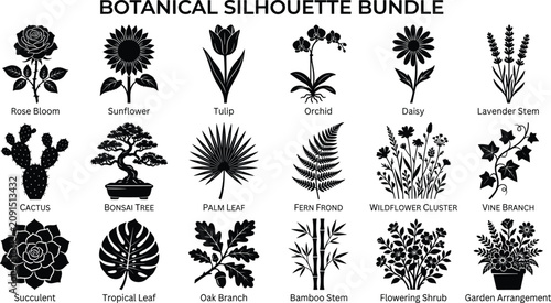 Foto Botanical silhouette bundle featuring diverse flowers, tropical leaves, trees, and plants for nature-themed graphic design, image_317ddc