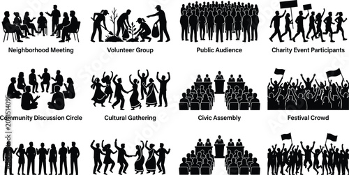 Billede på lærred Collection of diverse social group silhouettes including community meetings, vol