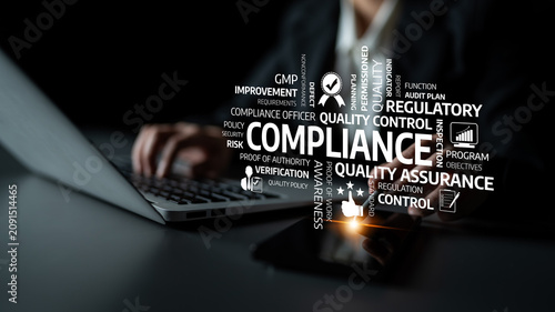 Tableau sur toile Visual representation of compliance and quality assurance concepts with technology elements, emphasizing the importance of regulatory standards and effective management in business